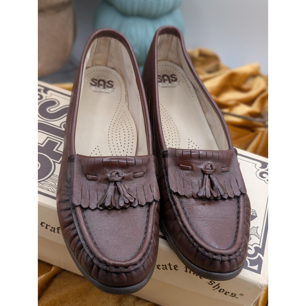 SAS Softie Antique Walnut Brown Leather Tassel Kiltie Loafers 10 S Slim Box